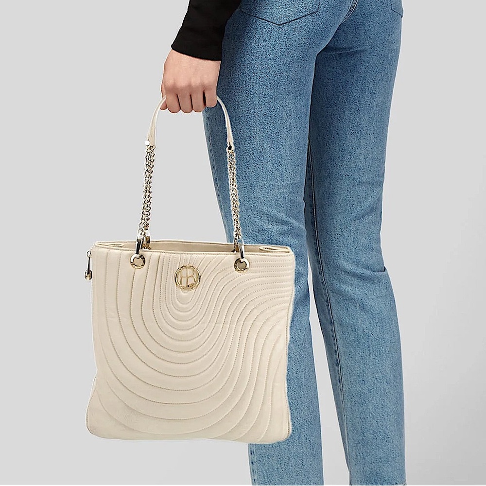 Henri Bendel No. 7 Tan Quilted Leather Expandable File Tote Shoulder Bag